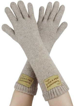 Andiker Thermohandschuhe für Frauen, gestrickte Wolle Daumen und Zeigefinger Touchscreen Handschuhe, warme weiche elastische Winterhandschuhe für den Innenbereich (Khaki, Lang)