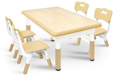 AufuN Kindertisch mit 4 Stühlen Set, Kindersitzgruppe Höhenverstellbar, Tisch Stuhl Set für Kindergarten und Kinderzimmer, Leicht Abwischbarer Maltisch für Klassenzimmer, Plastik Kindermöbel,Braun