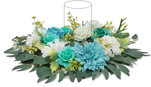 TINGE TIME Aritificial - Anello per candele con fiori artificiali, diametro 38,1 cm, colore: blu foglia di tè, ghirlanda nuziale per tavoli, ghirlanda estiva per porta d'ingresso, matrimoni, feste