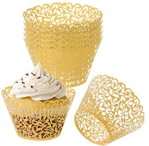 PATIKIL Cupcake Wrappers Paper, 50 Pack Baking Cups Standard Vine Decoration for Anniversary Birthday Weddings and Parties, Gold