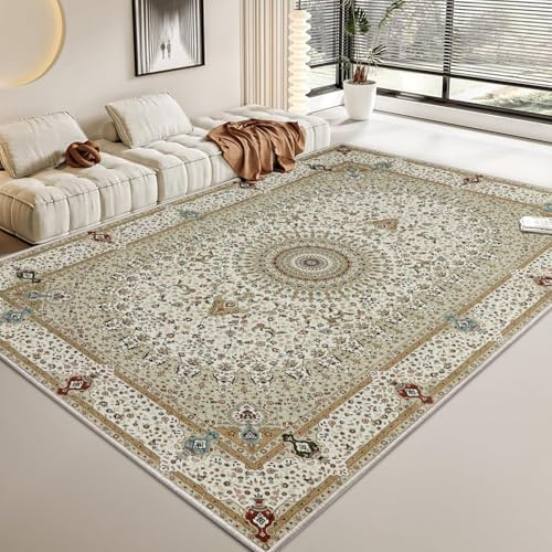 MOONLIGHT20015 Washable Rugs Living Room Large 200x290 cm - Fluffy Vintage Area Rugs for Bedroom - Non Slip Low Pile Soft Boho Rug Carpets for Lounge - Traditional Rug for Dining Room, Willow Beige