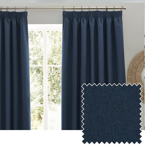 furn. Dawn Textured Blackout Pencil Pleat Curtains – Thermal Lined Pair (Blue - Width 117 x Drop 137cm)