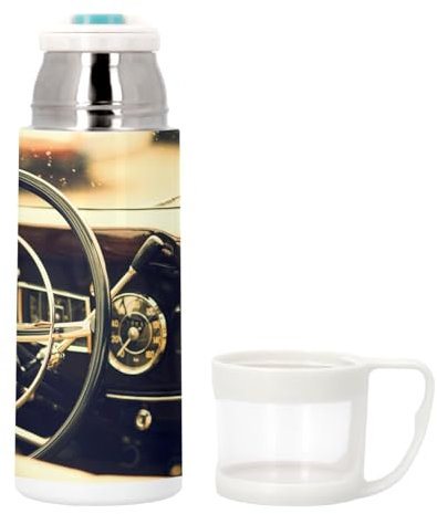 Thermoskanne aus Edelstahl mit integriertem Becher, Vintage-Auto, Armaturenbrett, Leder und Chrom – 350 ml – Thermosflasche