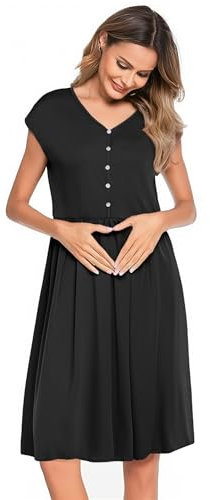 Weardear Chemise de Nuit d'allaitement Chemise de Nuit pour Femme Enceintes avec Boutons Robe de maternité sans Manches Noir S
