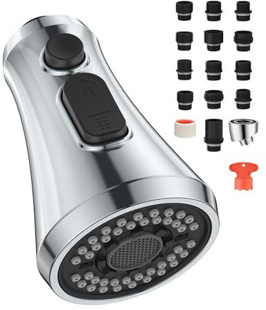 Mbillion ABS-Küchenarmaturkopf, Universal-Sprühdüse mit 3 Funktionen, mit 14 Adaptern, mattschwarz, ausziehbarer Sprühkopf (Poliertes Chrom)