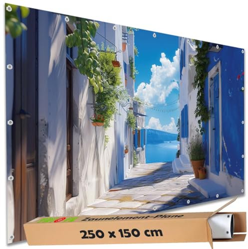 TRIOSK Sichtschutz Garten Deko Zaun Plane Blickdicht groß mit Zaunblende Motiv Griechenland Meer Gasse Weiß für Balkon Terrasse Zaunelement Doppelstabmatten Gartenzaun PVC 250x150 cm