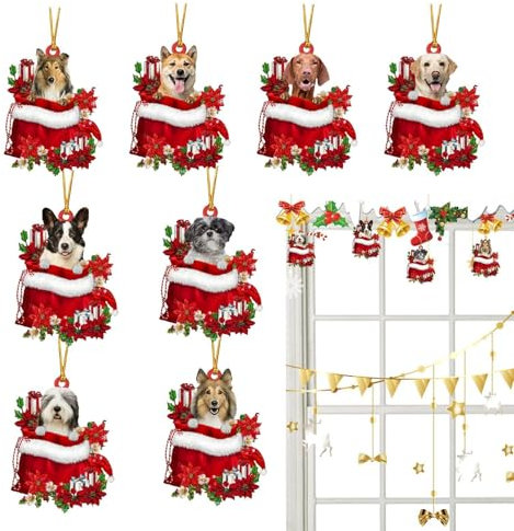Hunde-Weihnachtsschmuck – Hunde-Ornament – 8 x Weihnachtsbaumschmuck, 2D-Acryl, Heimdekoration, Weihnachtsschilder, Neujahrsdekorationen
