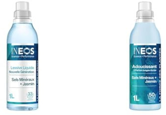 INEOS Détergent liquide hypoallergénique concentré 1L (33 lavages) + assouplissant 1L (50 lavages), Nettoyage imbattable à base de plantes, Efficace à partir de 20°C, Sels Minéraux et Jasmin