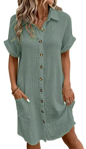 Lanomi Damen Blusenkleid Baumwolle Kurzarm Knopfleiste mit Taschen S-XXL | 100% Baumwolle Musselin Struktur |Knopfverschluss|lockeres A-Linien Design | knielang | ideal für Sommer Freizeit & Urlaub