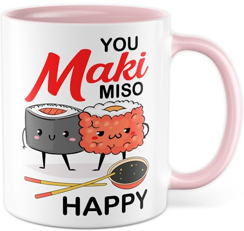 Sushi Tasse mit Spruch – Geschenk You maki miso happy – Kaffeetasse 330ml aus Keramik – Asien asiatisch Essen Partner Kollegin Kaffee-Becher