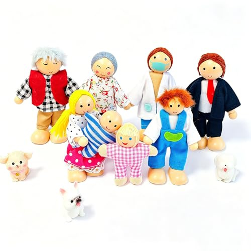 Lonsien Hölzerne Puppenfamilie, 11-teiliges Puppenhaus Figuren Set | Biegepuppen mit Katze & Hund, Rollenspielzeug, Geschenk für Kinder, Puppenhaus Zubehör
