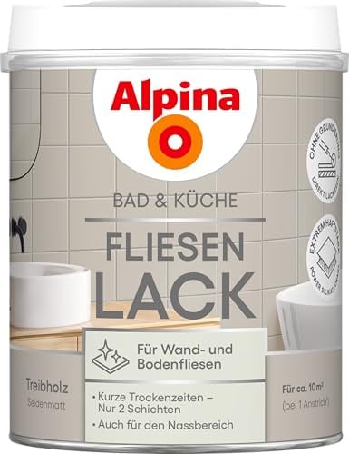 Alpina Bad & Küche Fliesen-Lack Treibholz – seidenmatter Fliesenlack für Wandfliesen im Innenbereich, feuchtraumgeeignet & streichfertig, ideal für Badezimmer, Küche & WC – 0,75 L