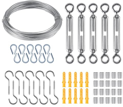 TAGMEIU 30M Garden Wire for Climbing Plants, Wire Trellis Kit | 2mm stainless steel wire with turnbuckles, hooks, thimbles and aluminium sleeves for vines, roses and outdoor lights