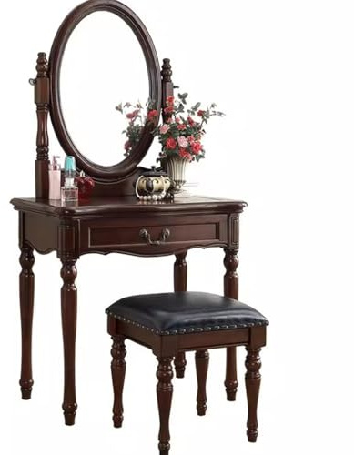 Schminkstuhl Retro, 80 cm, Frisiertisch-Set aus Holz mit Spiegel und Schminkhocker – Frisiertisch aus Gummibaumholz für Elegante Schlafzimmereinrichtung, perfekt für Make-up und Körperpflege