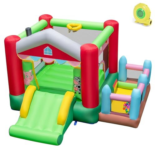 GYMAX Kids Bouncy Castle, Inflatable Jumping House with Slide, Ball Pit Area and Basketball Hoop, Children Bounce Playhouse for Outdoor Indoor (Farm with 480W Blower)