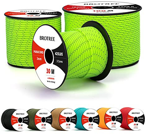 Brotree Paracord 3mm 30M 100% Nylon Seil Schnur Typ II Paracord 425 mit 3 Kern für Survival, Outdoor, Armband, Basteln - Bruchlast 192kg (Reflektierende Neon Grün)