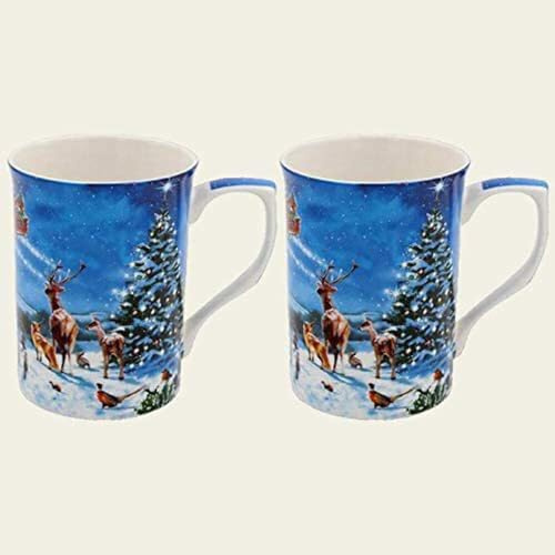 Christmas Santa Magic Sleigh Scene Set of 2 Fine China Mugs - Gift Boxed