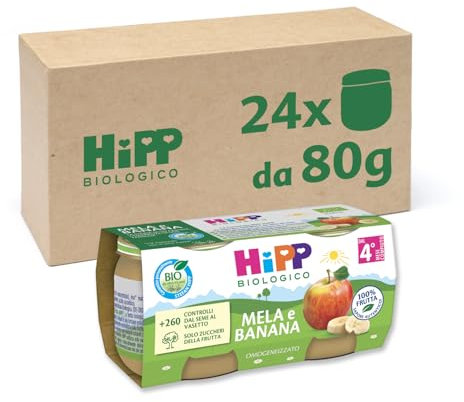 HiPP - Omogeneizzato di Frutta Biologico per Neonati, Gusto Mela e Banana, 100% Frutta, 24 Vasetti da 80 g