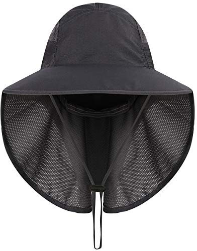 HAPPYPOP Unisex Damen Herren UV Schutz Sonnenhut mit Nackenschutz 12cm Großer Brim Outdoor Aktivitäten - für Kopfumfang 56-62cm (Dunkelgrau)