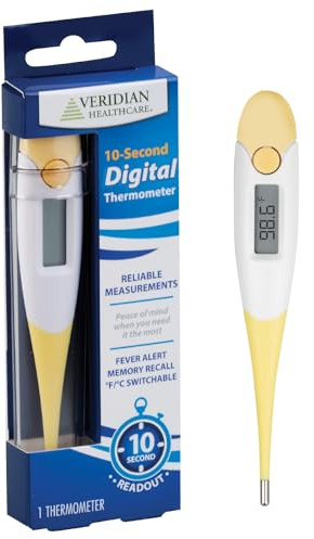 Veridian Digital Thermometer | 10-Second Readout | F C Temperature Modes| Flexible Tip | Hygienic Water-Resistant Easy Cleaning | Storage Case + Instructions Included
