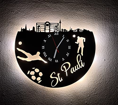 Designbysh Fußball Fan LED Wanduhr St. Pauli Fanartikel Wanduhr Geschenk Fußballfan Schwarz