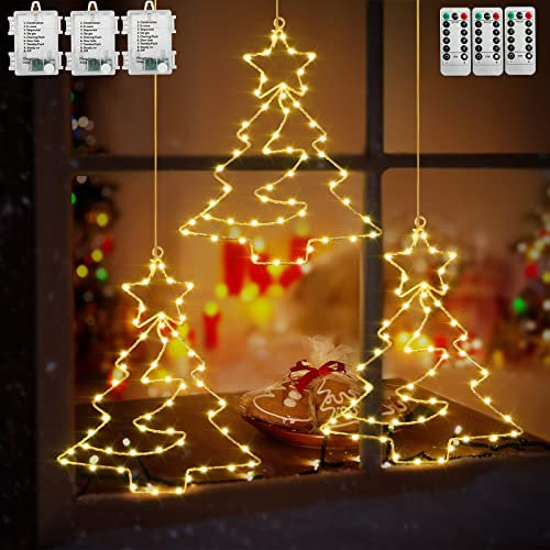 Therlan Weihnachtsdeko Fenster Beleuchtet, 3 Stück 55 LEDs Fensterbilder Baum Batterie Betrieben Mit Timer und Fernbedienung 8 Lichtmodi, LED Fensterdeko Weihnachten Beleuchtet Warmweißen