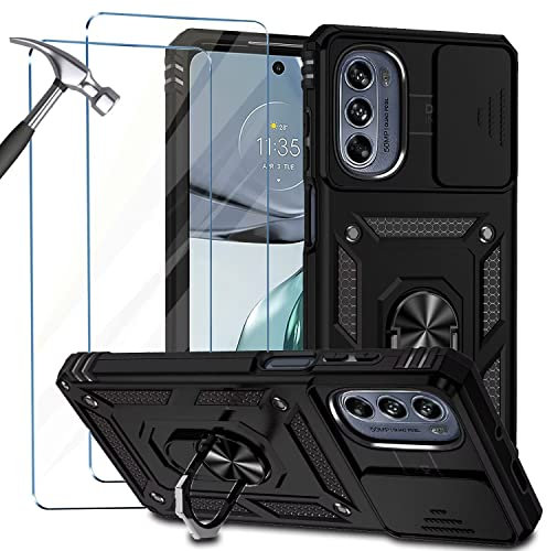 NEINEI Cover per Motorola Moto G62 5G + 2 Vetro Temperato,Custodia con Scorrevole Protezione Fotocamera,Militare Antiurto Outdoor Case Custodie con Supporto e Magnetico,Nero