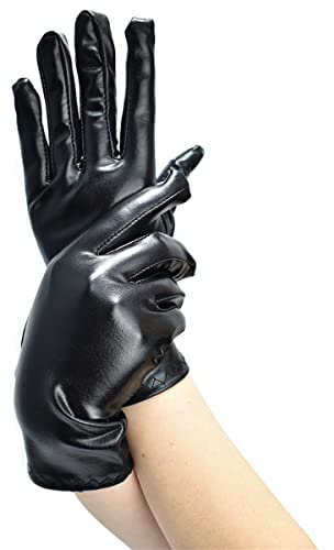Achsoo Kurze Handschuhe für Damen Handgelenklange Handschuhe Braut Kostüm Halloween Kostüm Hochzeit (Black(Patent Leather))