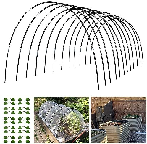 Garden Hoops Grow Tunnel 60 Stück 16 Zoll bis zu 12 Sets von 2.1 m Länge, Fiberglas-Stützrahmen, Gewächshausreifen für Hochbeete mit 50 Stück Metallverbindungsrohren und 40 Klemmen