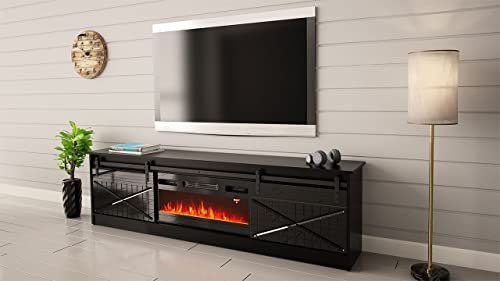 Meuble TV 200x57x35 cm Noir Brillant Grange avec Cheminée chauffante intégrée Meuble Hi-FI à Poser