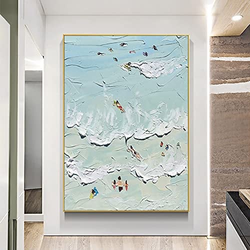 RGVV Handgemalte Acryl Gemälde Auf Leinwand,Handgemaltes Ölgemälde Auf Leinwand Strand Wellen Moderne Kunst Bilder Original Strukturierte Kunstwerke Rahmenlose Wandmalerei Für Wohnzimmer Schlafzimmer