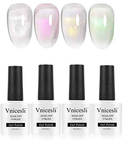 Vnicesli UV Nagellack Gel Polish 4er-Pack Durchscheinender Jelly-Kristall Nagellack Schimmern Milchig Weiß Rosa Lila Gelb Glitzer Gel Lack Pastell Farben Shellac Gellack French Maniküre Gel Nagellack