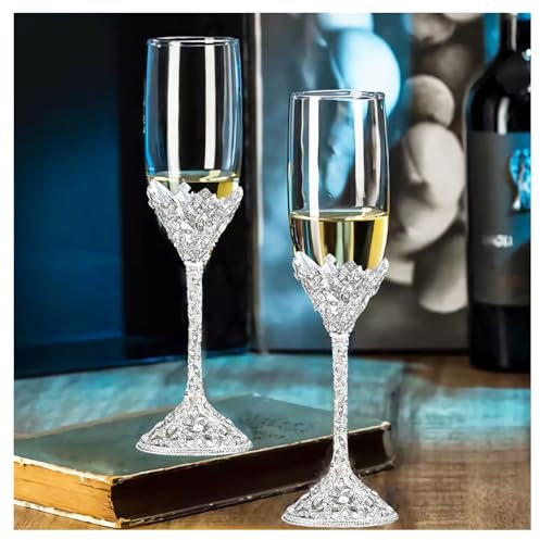Popgege Champagnerflöten für Hochzeit, 2 Stück, Metallsockel mit Kristallsteinen, Gläser für Braut und Bräutigam, Verlobungsgeschenke, Party, Jahrestag, Weihnachten, 200 ml
