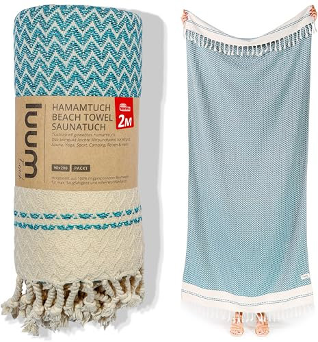 Luum® Hamamtuch groß 90x200 Strandtuch Saunahandtuch Badetuch Handtuch Yogatuch Duschtuch Strandhandtuch Saunatuch Reisehandtuch Turkish Towels, Damen Herren, 100% Baumwolle, Türkis