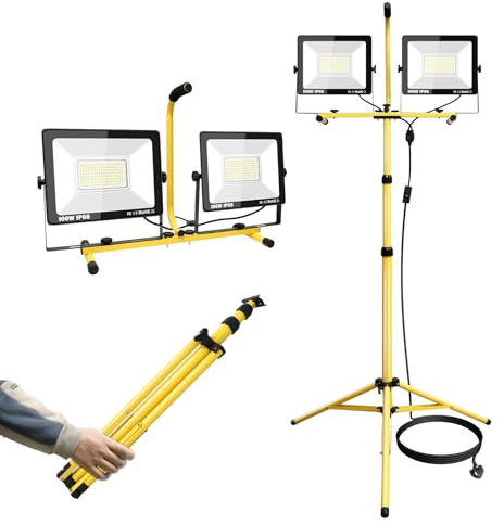 SKYWORLD 200W LED Work Light with Tripod Stand - 20000LM Twin Floodlight, 5M Cord & 2M Telescopic Metal Stand, IP65 Waterproof, 6000K Daylight, Outdoor/Indoor Job Site, Garage, Construction Lighting