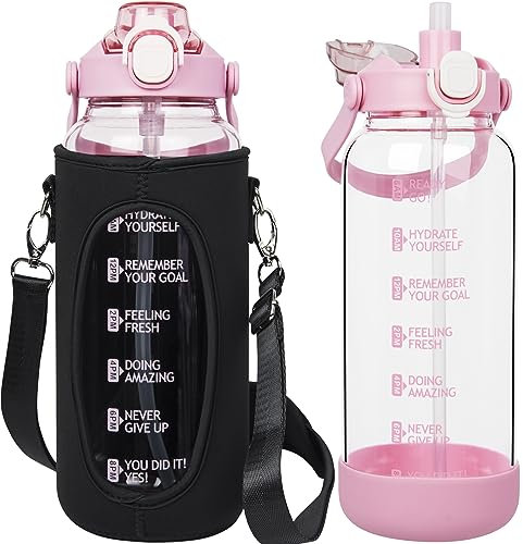 Seekua Botella Agua Cristal 2l con Pajita y Marcas de Tiempo, Botella Vidrio Grande de 2 litros con Infusor Apto Para Jugos, Batidos
