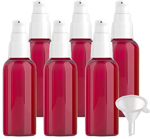 ZEOABSY 6 Pieces 50 ml Red Lotion Bottles with White Pump, 50ml Empty PET Plastic Lotion Pump Bottle Cosmetic Gel Travel Container for Cosmetic, Make up, Cleaning + 1 x Funnel