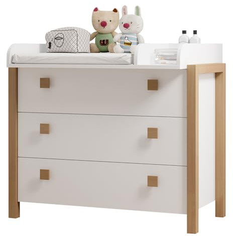 Wickelkommode Wickeltisch Kommode Wickelaufsatz 3 Schubladen Kiefer teilmassiv weiß mit Birke