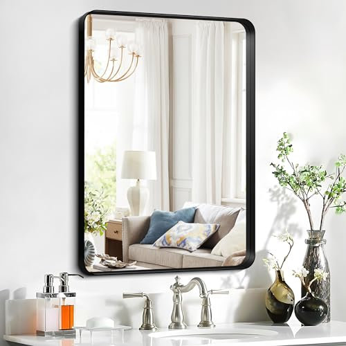 WOLIBEER Wandspiegel 55 x 75 cm, Rechteckiger Wandspiegel Tiefer Rahmen aus Schwarzem Aluminium mit Abgerundeten Ecken für Badezimmer, Schlafzimmer, Eingangsbereich, Flur, Waschtisch, Heimdekoration