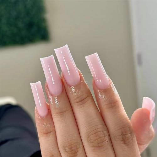 24PCS Long Coffin Ballerina False Nails - Baby Pink Fake Arcylic Press On Nails Full coverage Glossy False Nails with Glue - Stick on Nails for Women and Girls (Baby Pink Ballerina Style)