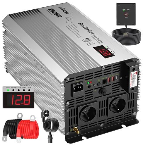 GIANDEL 2000W Convertisseur 12V 220V Pur Sinus avec Chargeur et Circuit Priorité de Puissance, USB Type-A 3.6A QC3.0, Type-C PD30W, Compatible Lithium-Batteries, Affichage LED pour RV, Camion
