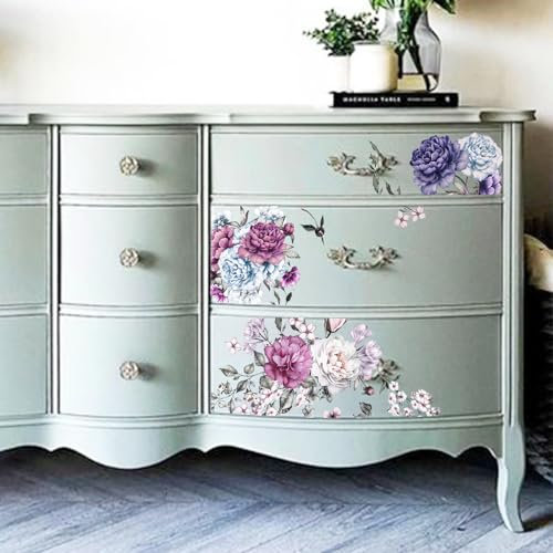 Neukids Möbel Transfer Aufkleber Blau Lila Pfingstrose Blumen, reiben auf Transfers für Kunsthandwerk, UV DTF Aufkleber für Schlafzimmer Wohnzimmer Bücherregal Kleiderschrank Dekoration