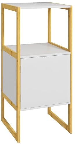 HOMCOM Meuble de Rangement pour Salle de Bain avec Cadre en Bambou, étagère Ouverte et Porte à Ouverture par Pression, Blanc