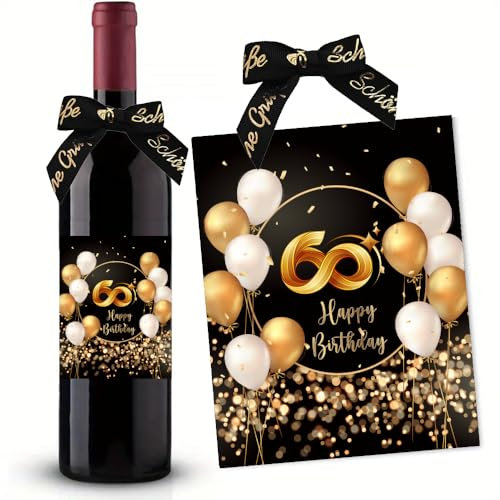 60. Geburtstag Flaschenetikett mit Schleife Schwarzes Gold Lack veredelt 10x12,7cm Happy Birthday 60 - Geburtstagsdeko Geburtstagsgeschenk Geschenke für Frauen Männer