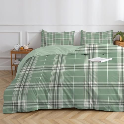 Housse de Couette 140x200 Vert + 2 Taies d'oreiller 65x65cm Parure de Lit 1 Personne Carreaux Tartan en Microfibre Douce Sets de Housses de Couettes Réversible