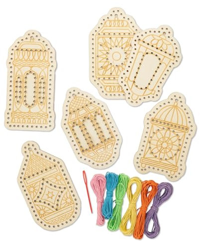 Papierdrachen Fädel-Set Laternen zu Ramadan - 6 Formen mit Plastik-Nadel u. 6 bunten Fäden - Feinmotorik üben für Kinder - Set 1