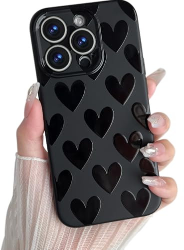 SmoBea Compatible with iPhone 15 Pro Case for Women, Heart Phone Case Cute Soft TPU Shockproof Full Camera Lens Protective Cover for iPhone 15 Pro 6.1 Inch - Black