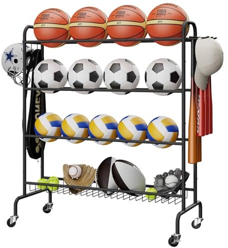 IBUYKE Ball Storage Rack, 4-Layers Rolling Basketball Football Rack with Wheels, Movable Garage Sports Equipment Storage Organizer for Football Soccer Volleyball Outdoor Indoor, Black TBL001B
