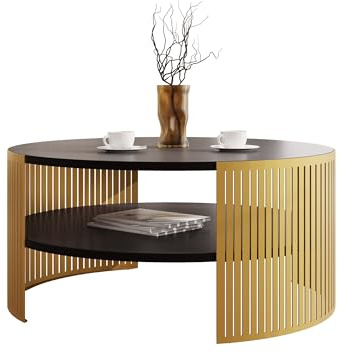 Mirjan24 Couchtisch Fahugin, runde Form (Schwarz Molet, Gold) | Kaffeetisch mit praktischem Ablageboden, Ø 75 cm, stabilem Metallgestell und pflegeleichter Tischplatte