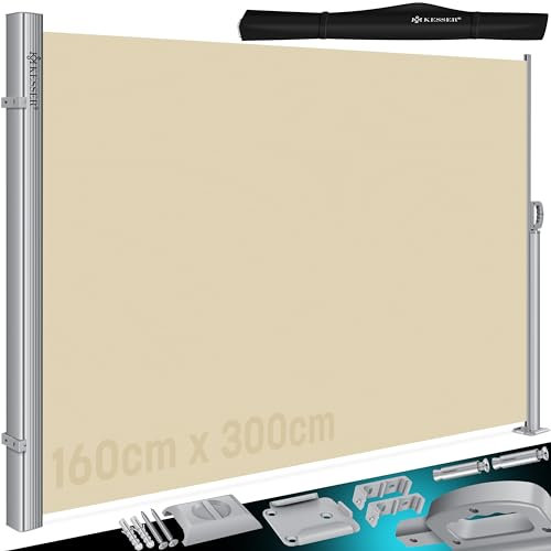 KESSER® Toldo Lateral de Aluminio Extensible y Opaco - 300 x 160 cm, Protección de la Intimidad y contra el Viento con Enrollado Automático, Incl. Burbuja de Lluvia con Soporte de Pared, Beige